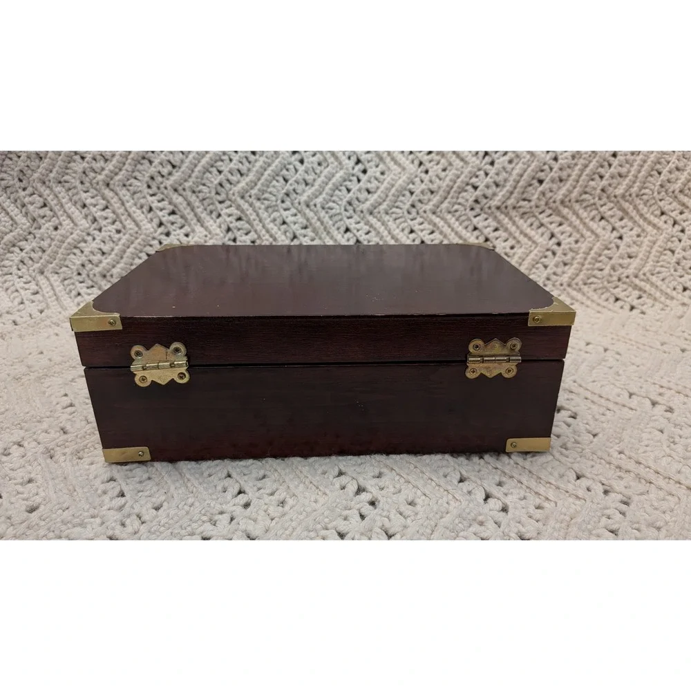 Vintage Wood Jewelry Box Brass Corner Campaign Style Green Velvet Lining 11x7x4